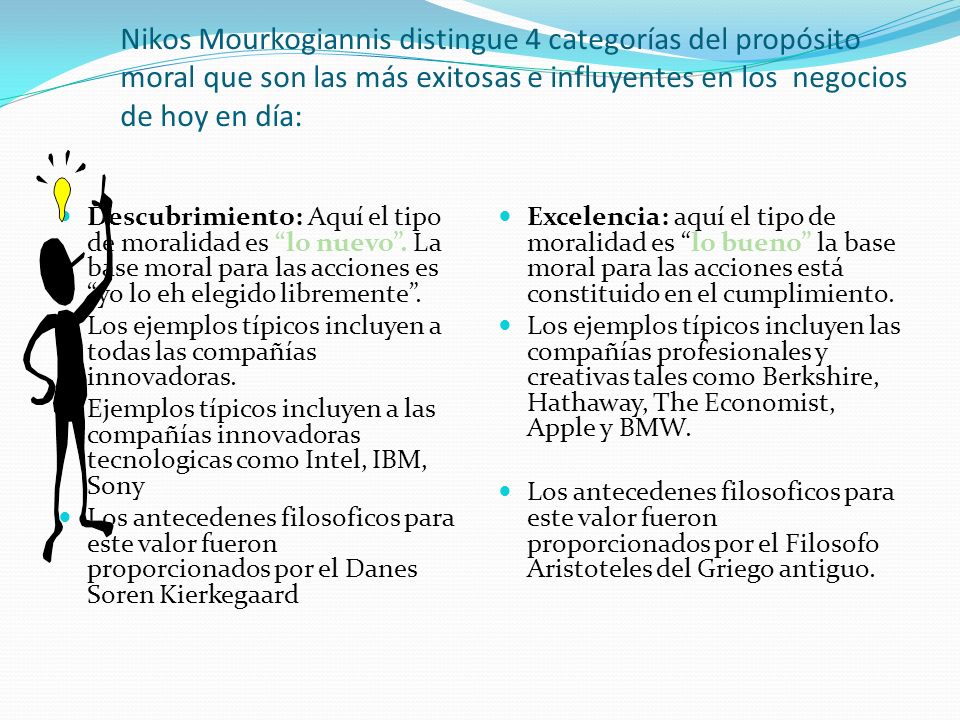 Nikos Mourkogiannis distingue 4 categorías del propósito moral que son las más exitosas e influyentes en los negocios de hoy en día: