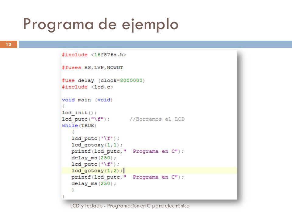 Programa de ejemplo LCD y teclado - Programación en C para electrónica