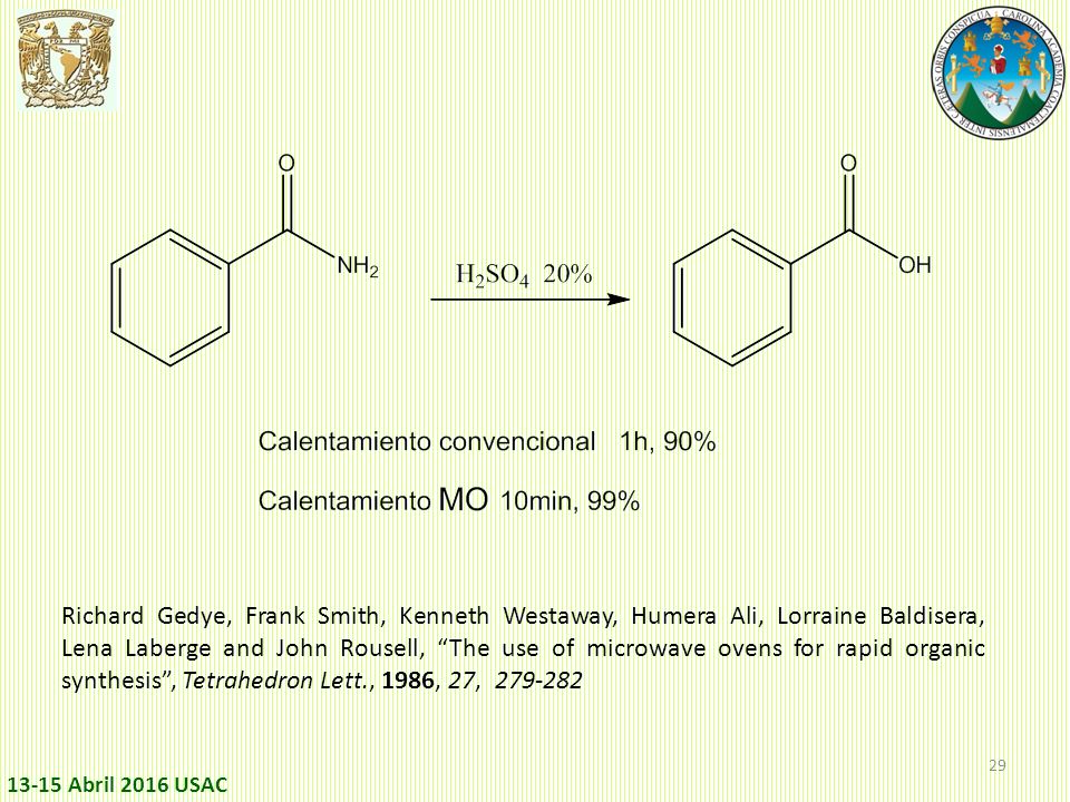 Richard Gedye, Frank Smith, Kenneth Westaway, Humera Ali, Lorraine Baldisera, Lena Laberge and John Rousell, The use of microwave ovens for rapid organic synthesis , Tetrahedron Lett., 1986, 27,