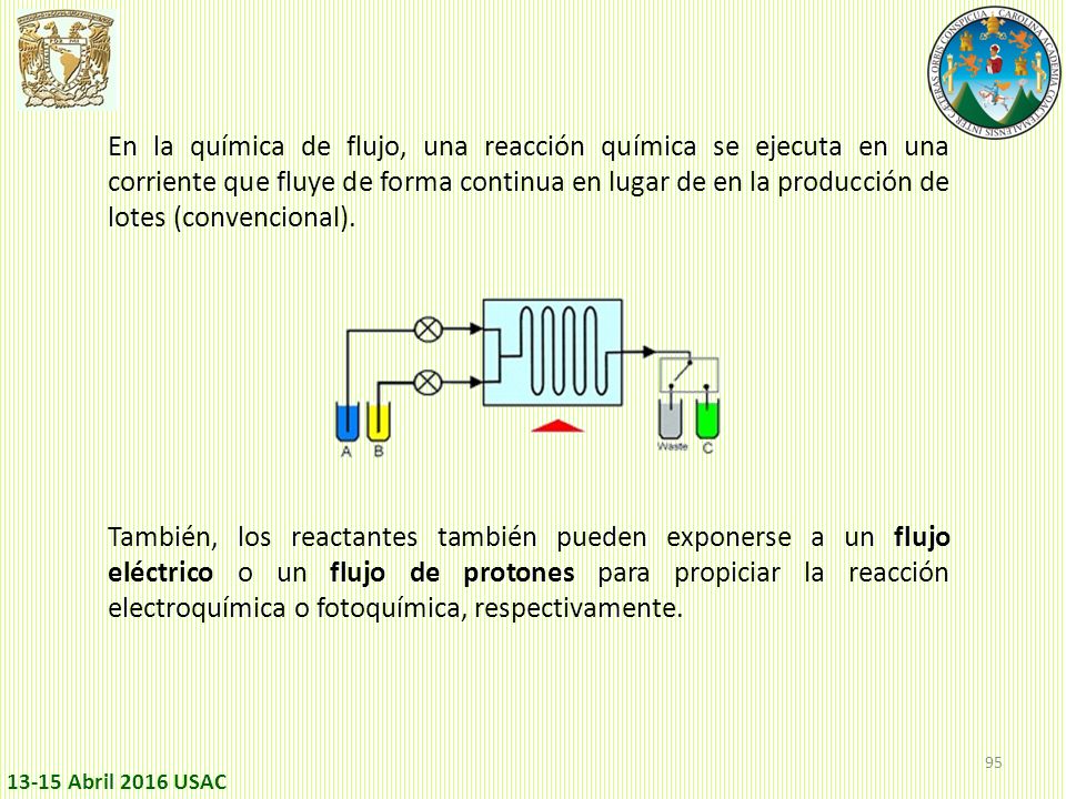 En la química de flujo, una reacción química se ejecuta en una corriente que fluye de forma continua en lugar de en la producción de lotes (convencional).