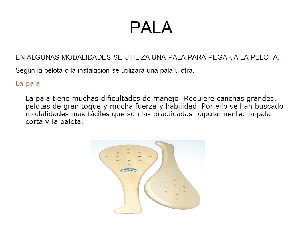 PALA EN ALGUNAS MODALIDADES SE UTILIZA UNA PALA PARA PEGAR A LA PELOTA. Según la pelota o la instalacion se utilizara una pala u otra.