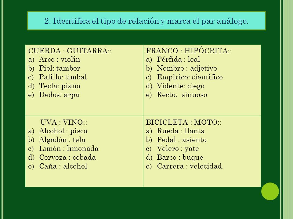 2. Identifica el tipo de relación y marca el par análogo.