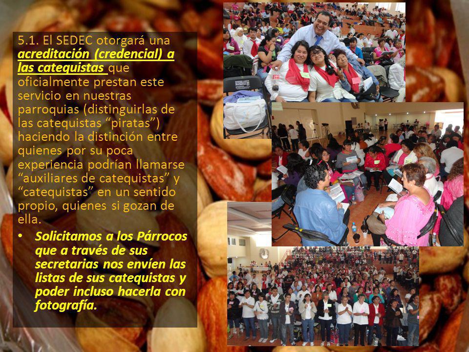 5.1. El SEDEC otorgará una acreditación (credencial) a las catequistas que oficialmente prestan este servicio en nuestras parroquias (distinguirlas de las catequistas piratas ) haciendo la distinción entre quienes por su poca experiencia podrían llamarse auxiliares de catequistas y catequistas en un sentido propio, quienes si gozan de ella.