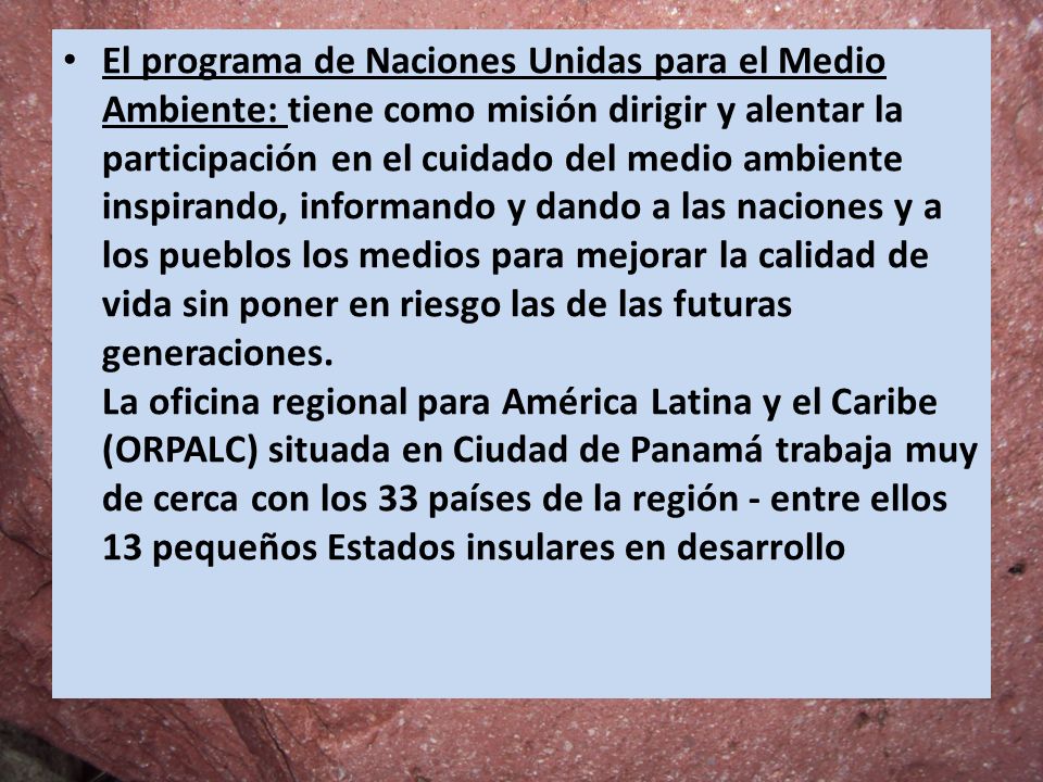 El programa de Naciones Unidas para el Medio Ambiente: tiene como misión dirigir y alentar la participación en el cuidado del medio ambiente inspirando, informando y dando a las naciones y a los pueblos los medios para mejorar la calidad de vida sin poner en riesgo las de las futuras generaciones.