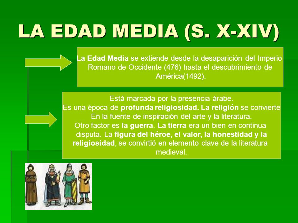 LA EDAD MEDIA (S. X-XIV) La Edad Media se extiende desde la desaparición del Imperio. Romano de Occidente (476) hasta el descubrimiento de.