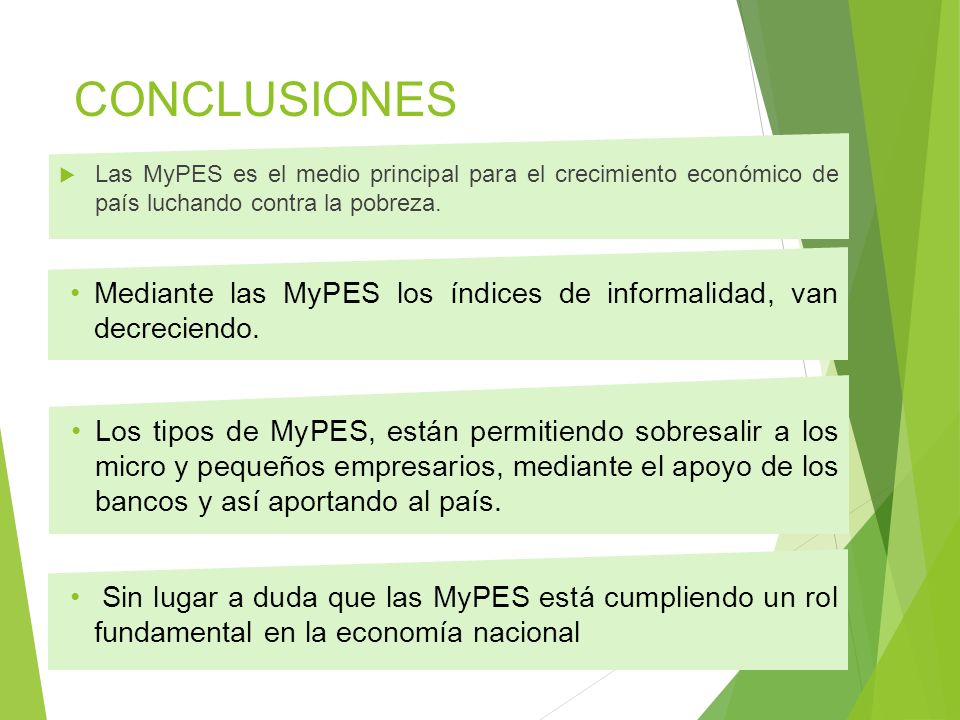 CONCLUSIONES Las MyPES es el medio principal para el crecimiento económico de país luchando contra la pobreza.