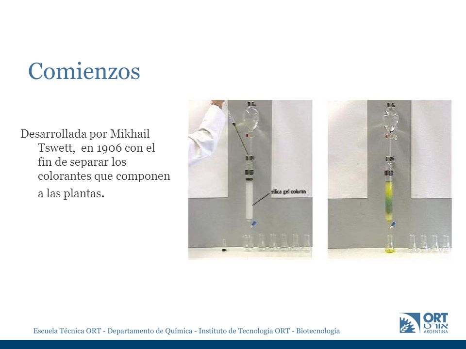 Comienzos Desarrollada por Mikhail Tswett, en 1906 con el fin de separar los colorantes que componen a las plantas.