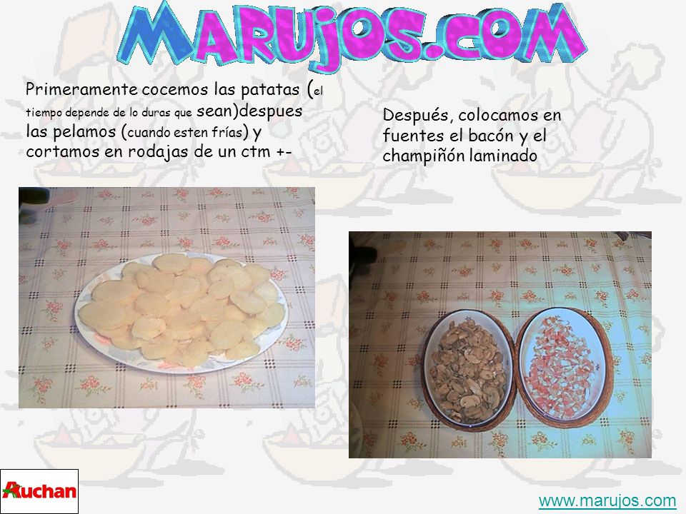 Primeramente cocemos las patatas (el tiempo depende de lo duras que sean)despues las pelamos (cuando esten frías) y cortamos en rodajas de un ctm +-