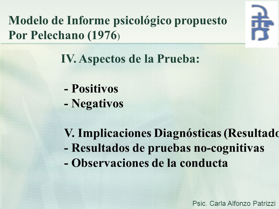 Modelo de Informe psicológico propuesto Por Pelechano (1976)