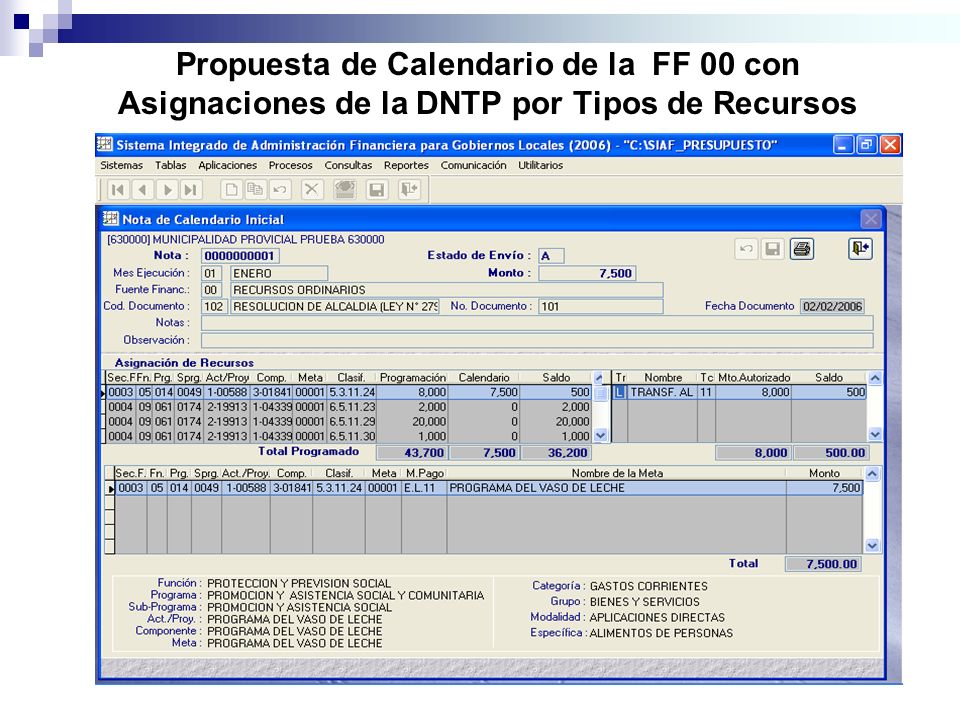 Propuesta de Calendario de la FF 00 con Asignaciones de la DNTP por Tipos de Recursos
