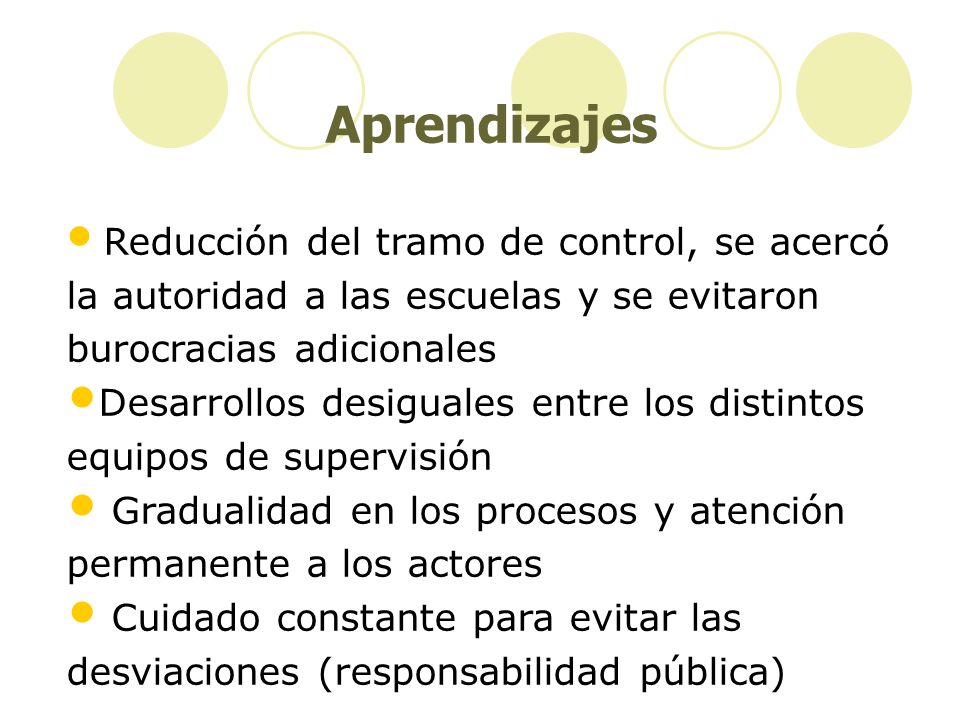 Aprendizajes Reducción del tramo de control, se acercó la autoridad a las escuelas y se evitaron burocracias adicionales.