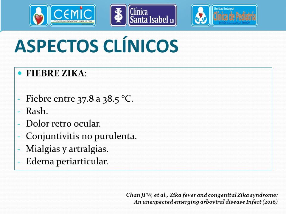 ASPECTOS CLÍNICOS FIEBRE ZIKA: Fiebre entre 37.8 a 38.5 °C. Rash.