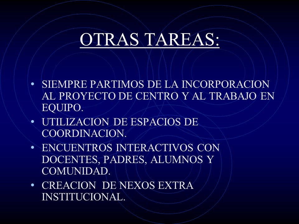 OTRAS TAREAS: SIEMPRE PARTIMOS DE LA INCORPORACION AL PROYECTO DE CENTRO Y AL TRABAJO EN EQUIPO. UTILIZACION DE ESPACIOS DE COORDINACION.