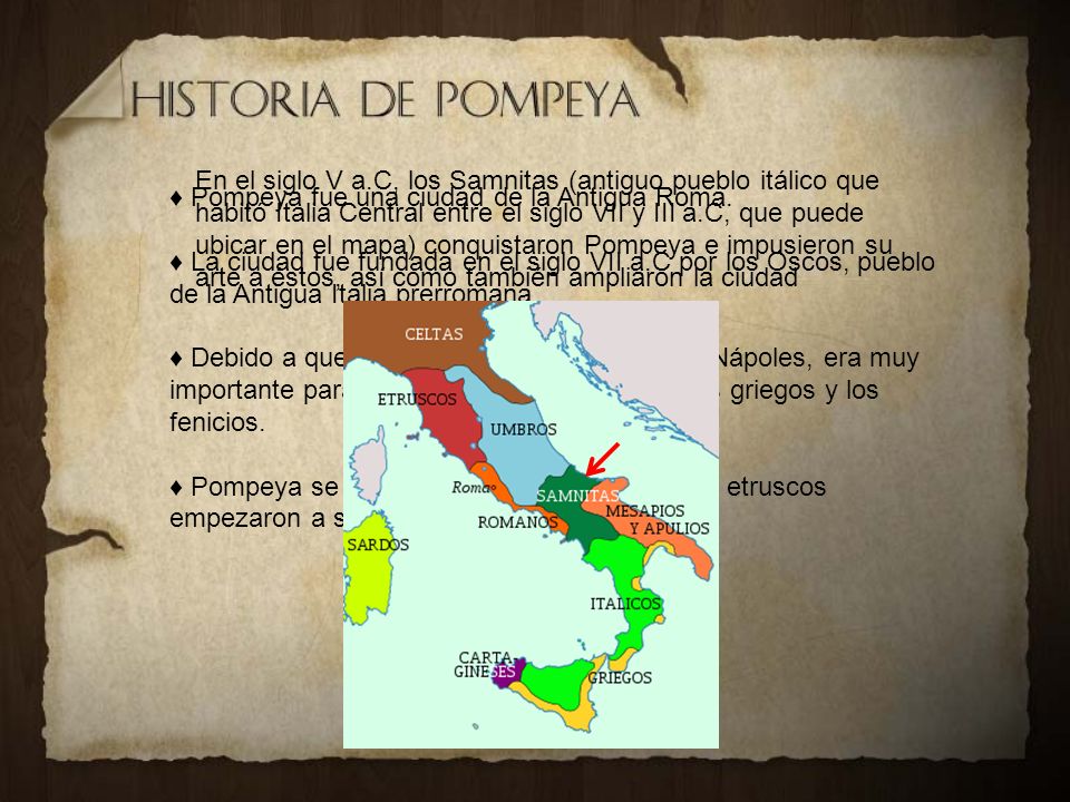 En el siglo V a.C, los Samnitas (antiguo pueblo itálico que habitó Italia Central entre el siglo VII y III a.C, que puede ubicar en el mapa) conquistaron Pompeya e impusieron su arte a éstos, así como también ampliaron la ciudad