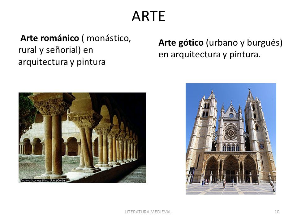 ARTE Arte románico ( monástico, rural y señorial) en arquitectura y pintura. Arte gótico (urbano y burgués) en arquitectura y pintura.