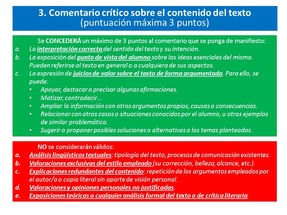 3. Comentario crítico sobre el contenido del texto (puntuación máxima 3 puntos)
