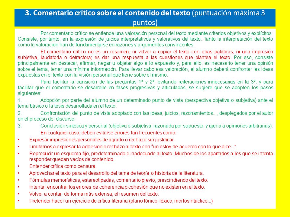 3. Comentario crítico sobre el contenido del texto (puntuación máxima 3 puntos)