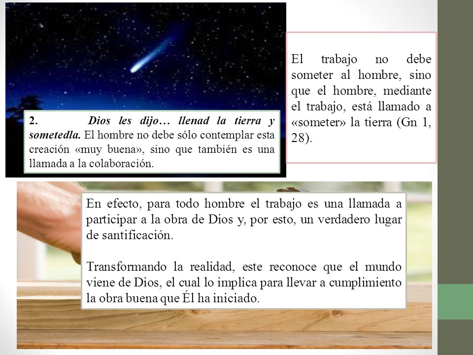 El trabajo no debe someter al hombre, sino que el hombre, mediante el trabajo, está llamado a «someter» la tierra (Gn 1, 28).