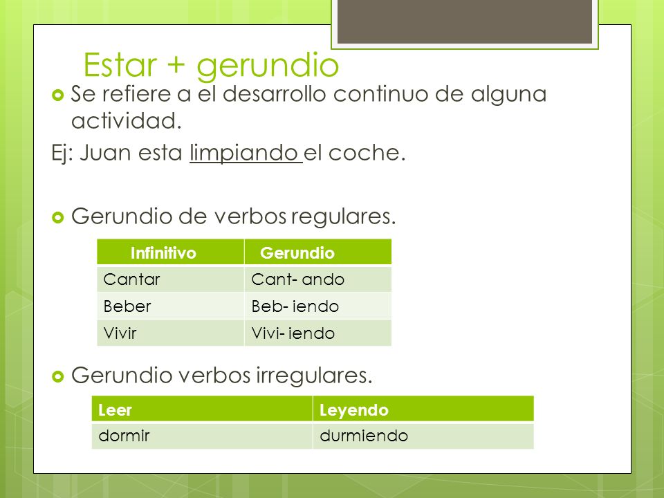 Estar + gerundio Se refiere a el desarrollo continuo de alguna actividad. Ej: Juan esta limpiando el coche.