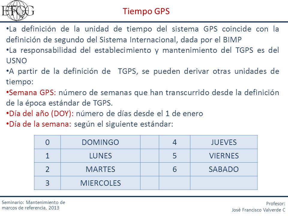 Tiempo GPS La definición de la unidad de tiempo del sistema GPS coincide con la definición de segundo del Sistema Internacional, dada por el BIMP.