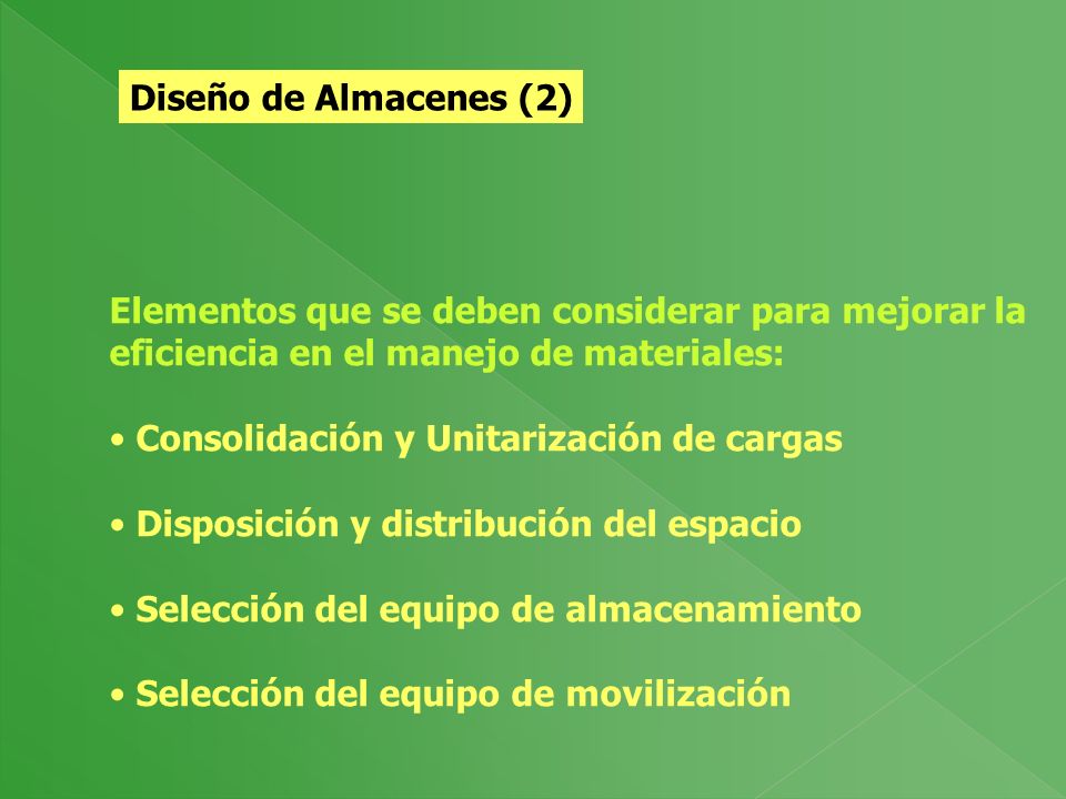 Diseño de Almacenes (2) Elementos que se deben considerar para mejorar la. eficiencia en el manejo de materiales: