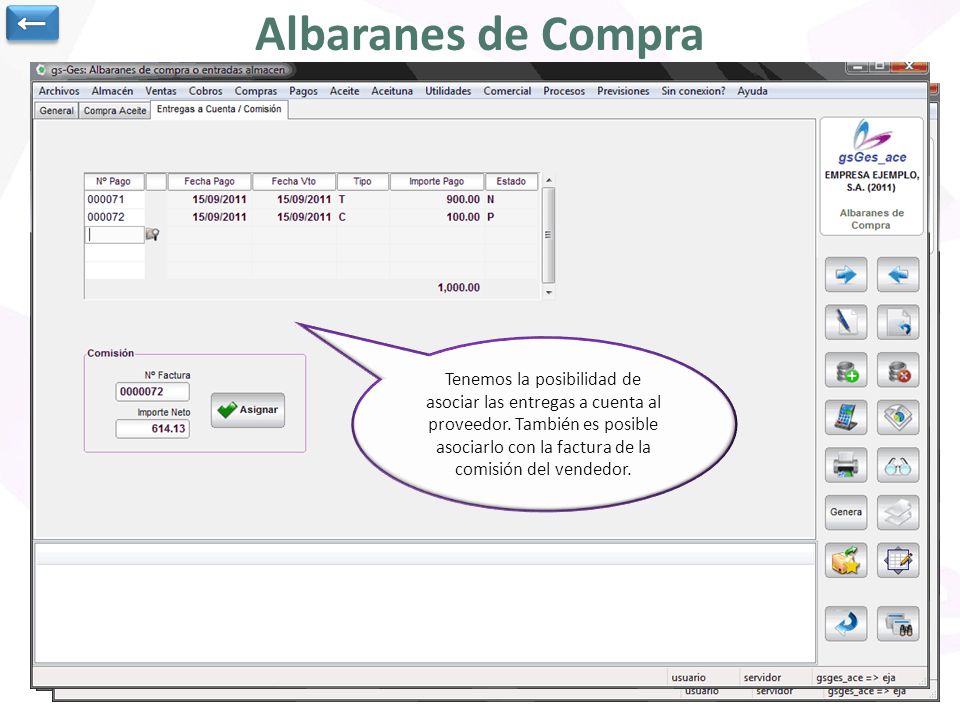 ← Albaranes de Compra. Podemos asociar el albarán con el pedido principal..