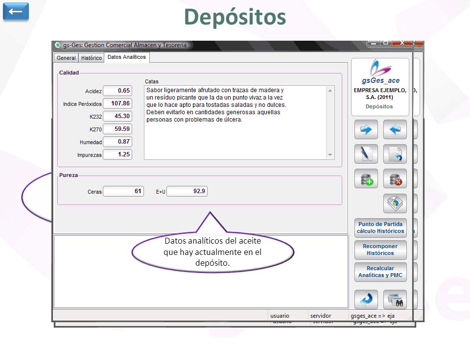 ← Depósitos. Datos generales del depósito y bodega en la que se encuentra. Histórico de entradas y salidas del depósito.