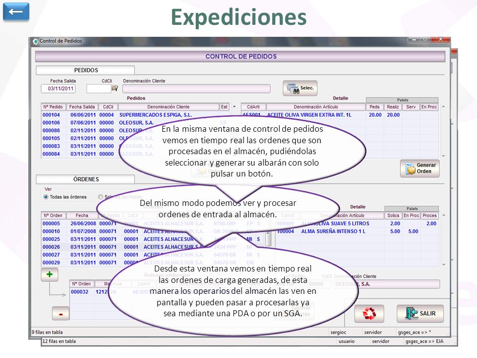 Del mismo modo podemos ver y procesar ordenes de entrada al almacén.