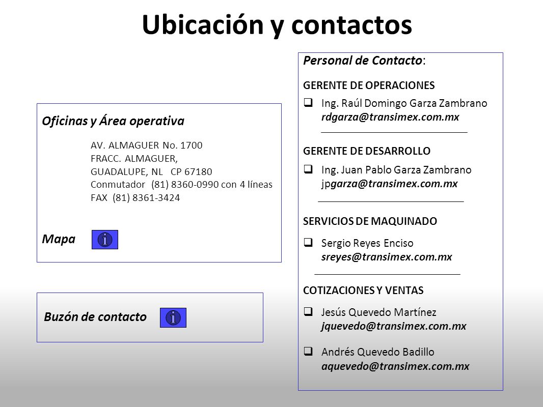 Ubicación y contactos Personal de Contacto: Oficinas y Área operativa