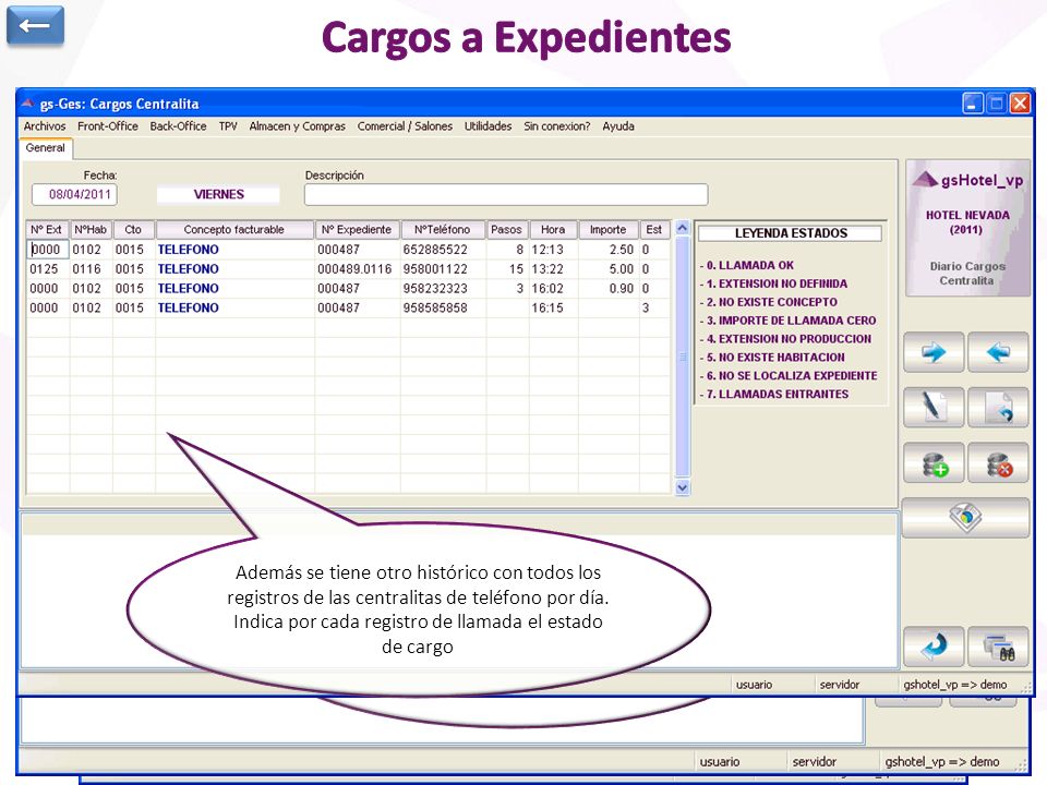 ← Cargos a Expedientes. Nos indica el origen del cargo y si se encuentra aplicado.