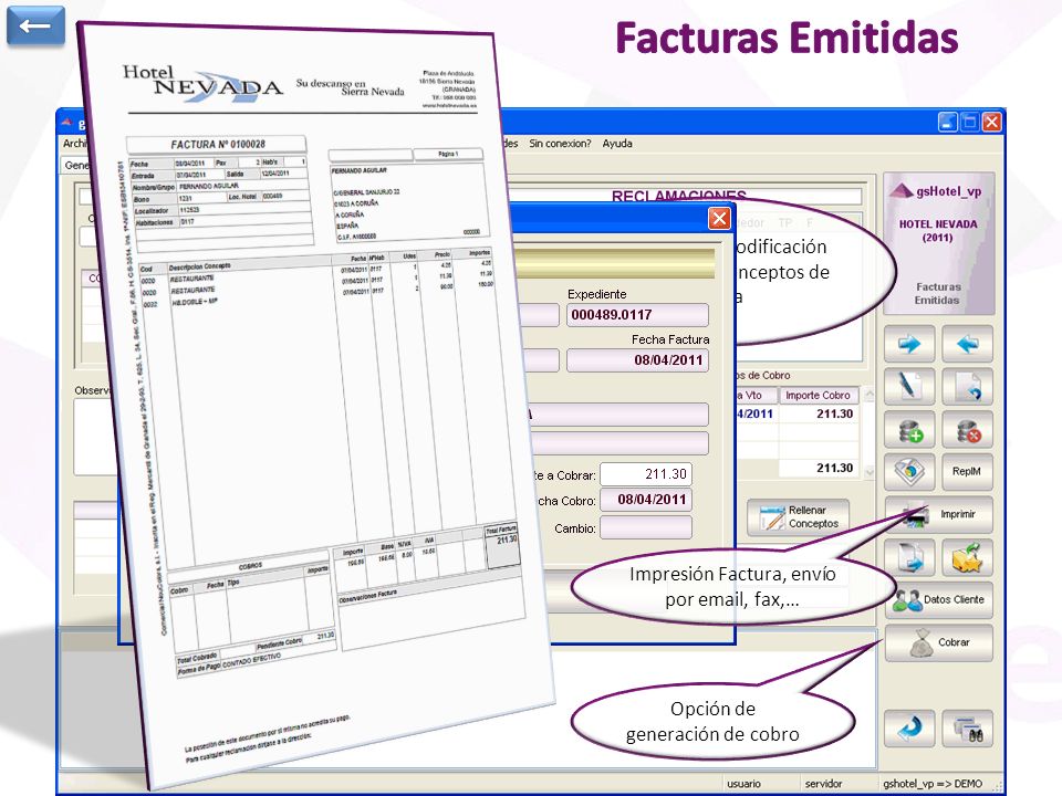 ← Facturas Emitidas. Vencimientos previstos de cobro de la factura y cobros actuales.