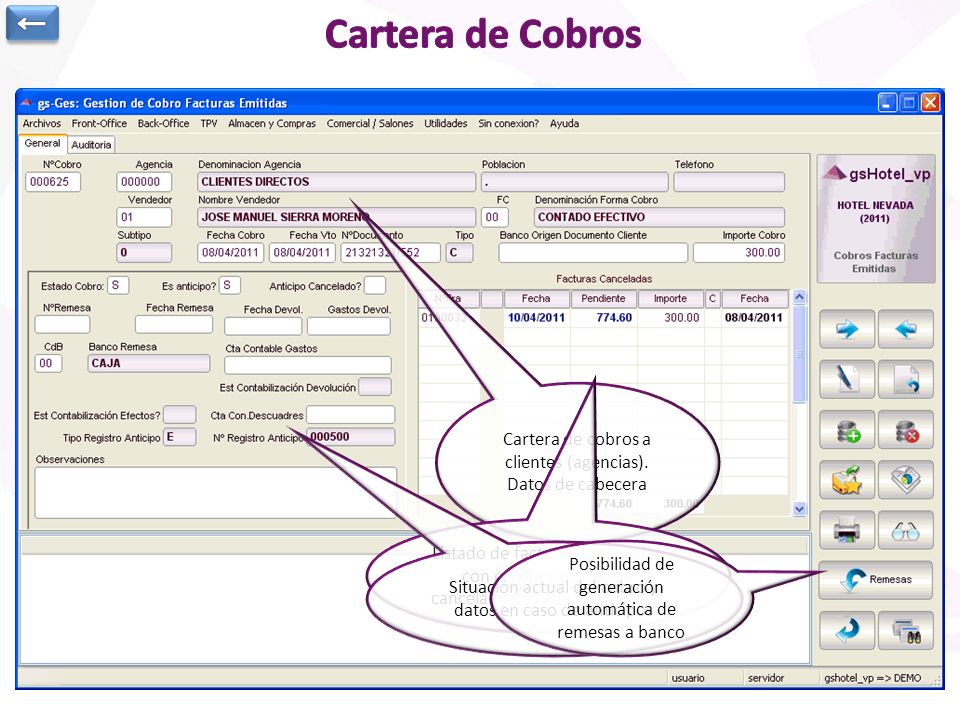 ← Cartera de Cobros. Cartera de cobros a clientes (agencias). Datos de cabecera.