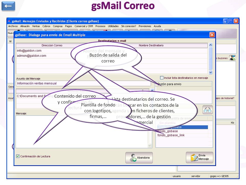 gsMail Correo ← Asunto del mensaje y ficheros adjuntos