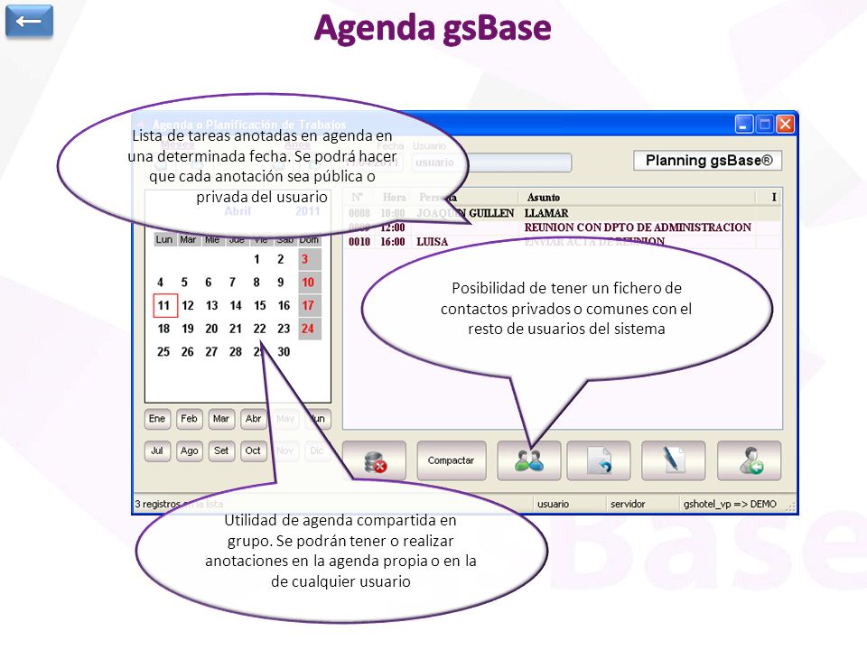 ← Agenda gsBase. Lista de tareas anotadas en agenda en una determinada fecha. Se podrá hacer que cada anotación sea pública o privada del usuario.