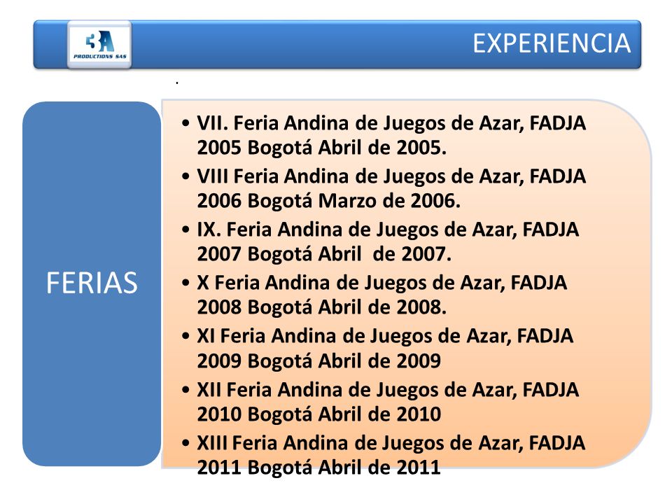 EXPERIENCIA . VII. Feria Andina de Juegos de Azar, FADJA 2005 Bogotá Abril de