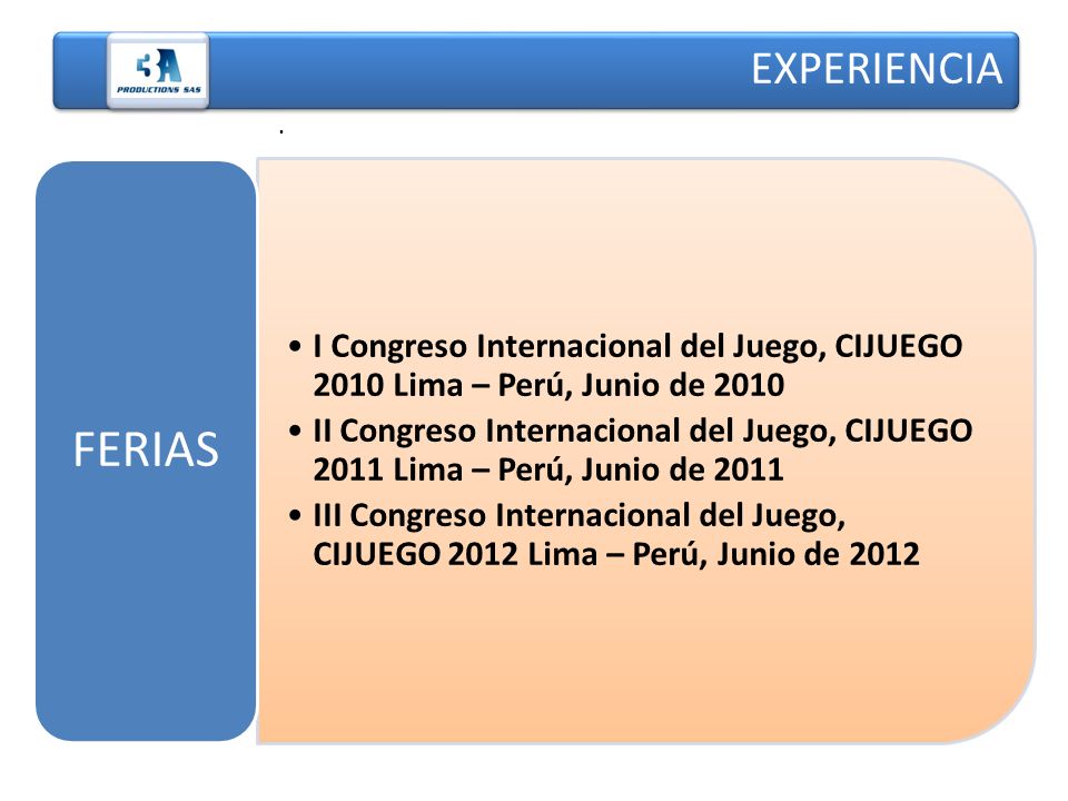 EXPERIENCIA . FERIAS. I Congreso Internacional del Juego, CIJUEGO 2010 Lima – Perú, Junio de