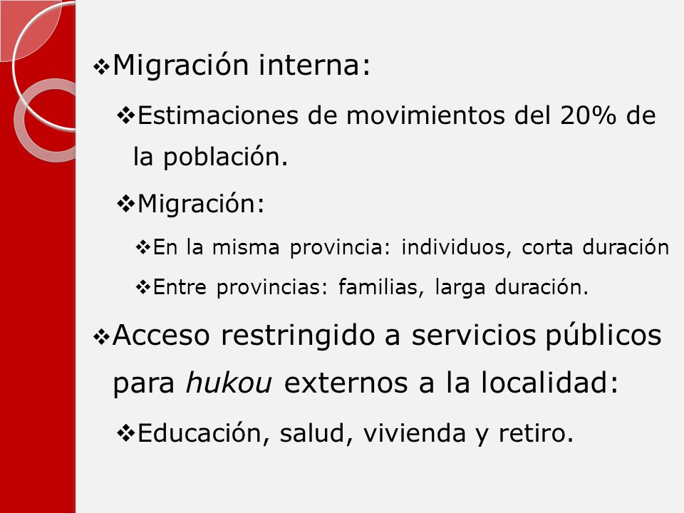 Migración interna: Estimaciones de movimientos del 20% de la población. Migración: En la misma provincia: individuos, corta duración.