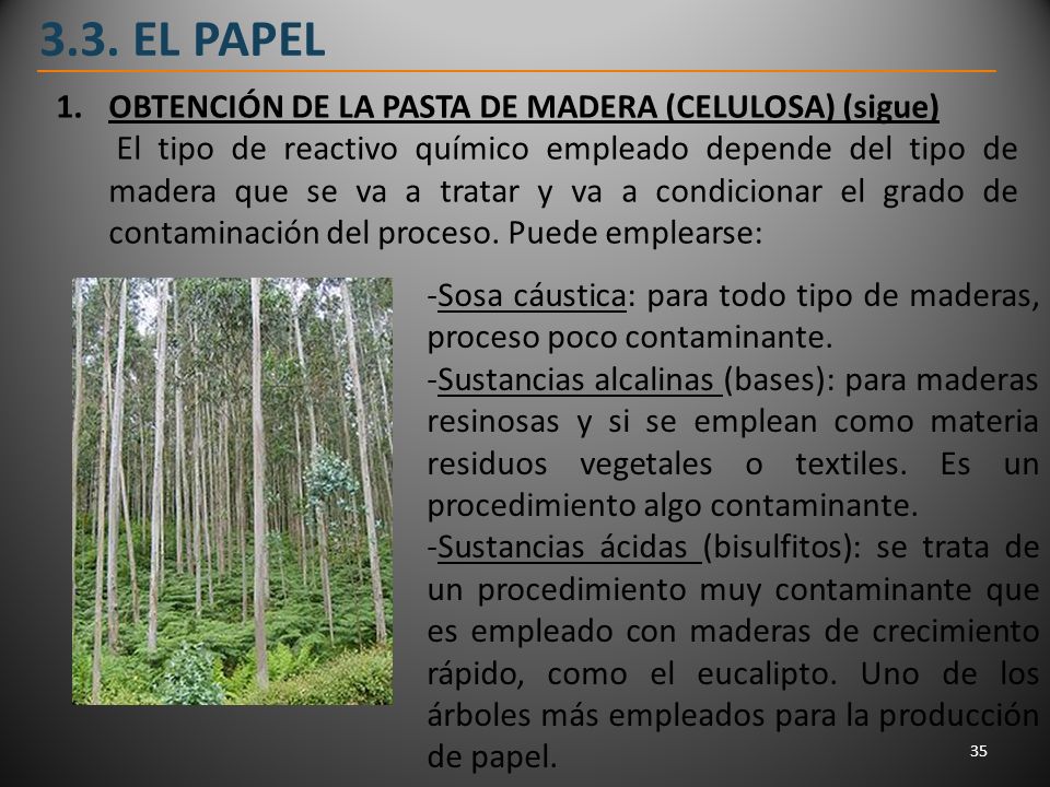 3.3. EL PAPEL OBTENCIÓN DE LA PASTA DE MADERA (CELULOSA) (sigue)