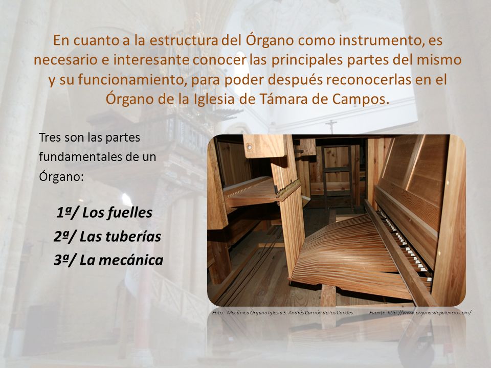 En cuanto a la estructura del Órgano como instrumento, es necesario e interesante conocer las principales partes del mismo y su funcionamiento, para poder después reconocerlas en el Órgano de la Iglesia de Támara de Campos.