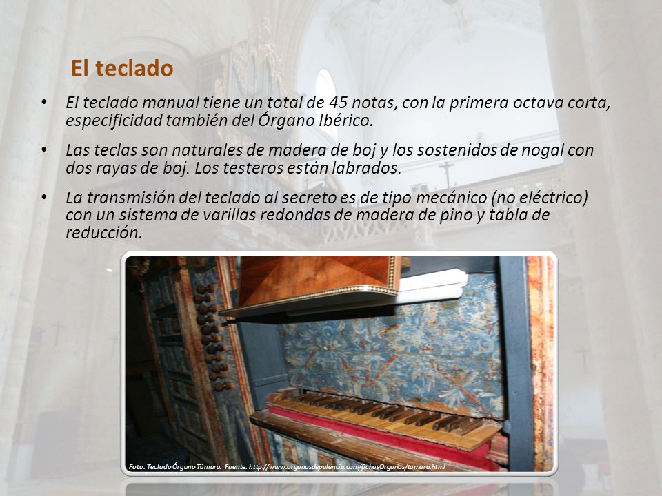 El teclado El teclado manual tiene un total de 45 notas, con la primera octava corta, especificidad también del Órgano Ibérico.