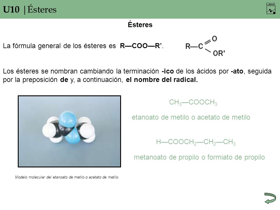 U10 |Ésteres Ésteres La fórmula general de los ésteres es R—COO—R’.