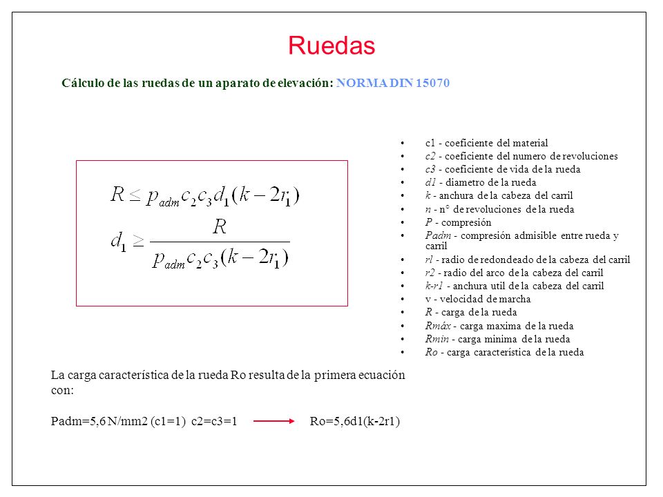 Ruedas Cálculo de las ruedas de un aparato de elevación: NORMA DIN c1 - coeficiente del material.
