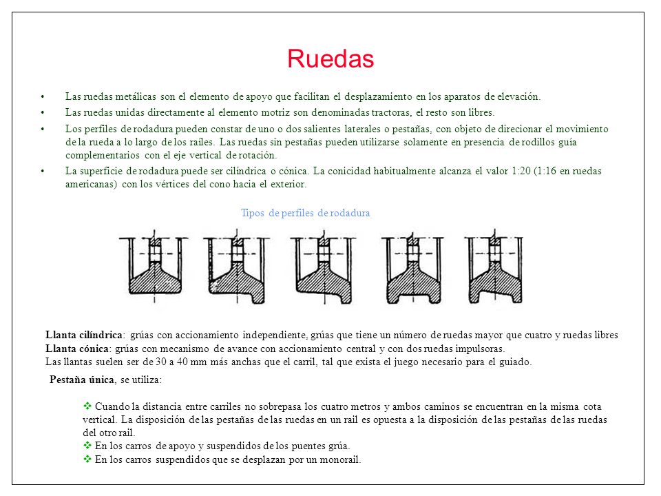 Ruedas Las ruedas metálicas son el elemento de apoyo que facilitan el desplazamiento en los aparatos de elevación.