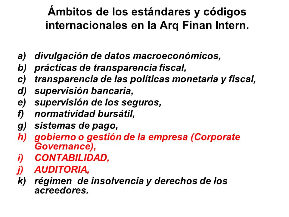 Ámbitos de los estándares y códigos internacionales en la Arq Finan Intern.