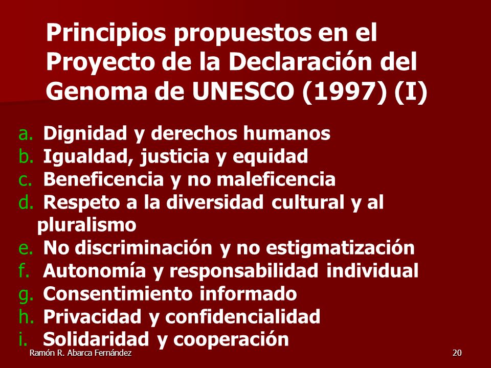 Principios propuestos en el Proyecto de la Declaración del Genoma de UNESCO (1997) (I)