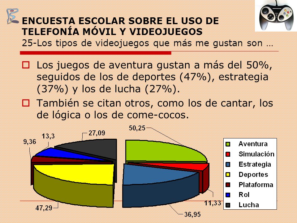 ENCUESTA ESCOLAR SOBRE EL USO DE TELEFONÍA MÓVIL Y VIDEOJUEGOS 25-Los tipos de videojuegos que más me gustan son …