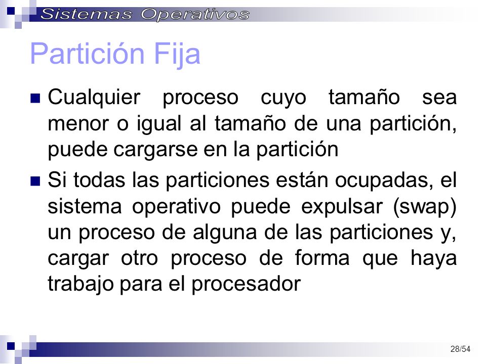 Partición Fija Cualquier proceso cuyo tamaño sea menor o igual al tamaño de una partición, puede cargarse en la partición.