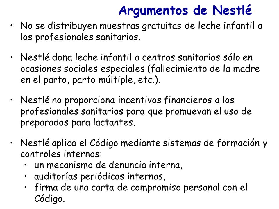 Argumentos de Nestlé No se distribuyen muestras gratuitas de leche infantil a los profesionales sanitarios.