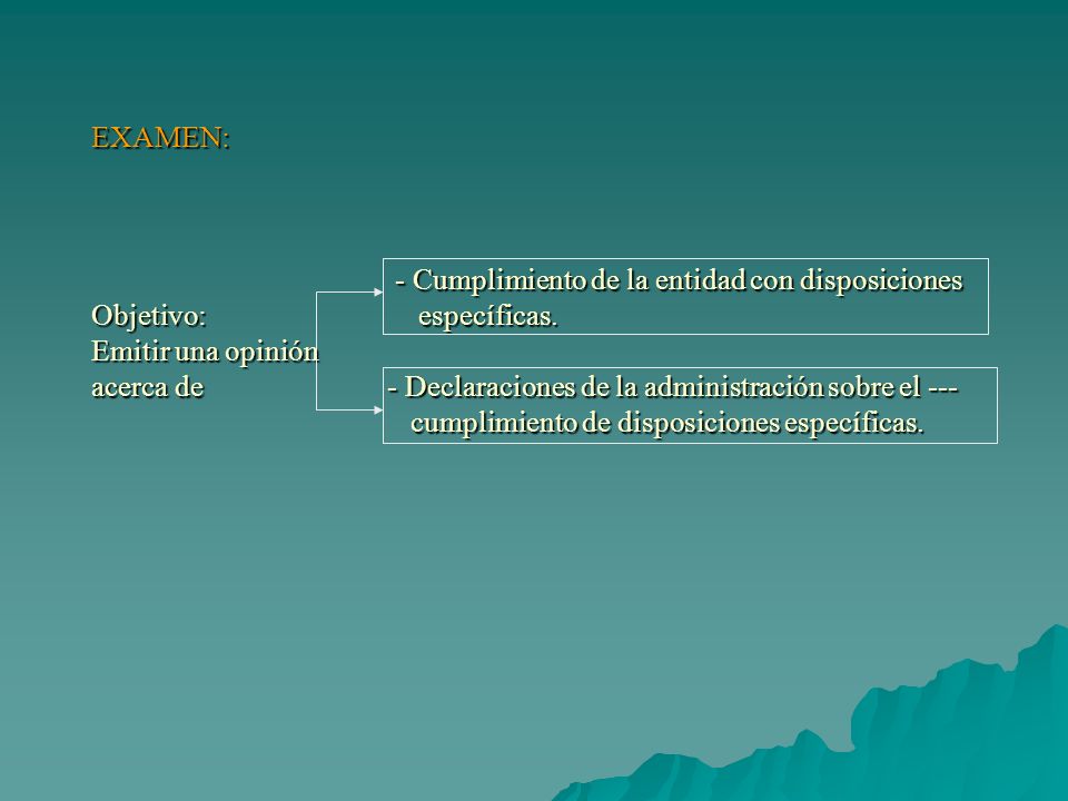 EXAMEN: - Cumplimiento de la entidad con disposiciones Objetivo: específicas.