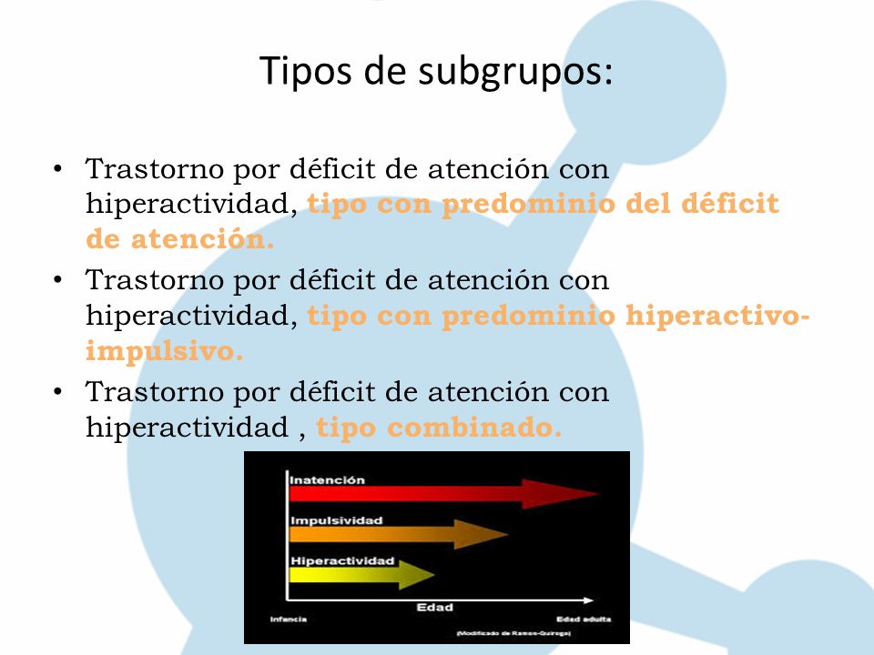 Tipos de subgrupos: Trastorno por déficit de atención con hiperactividad, tipo con predominio del déficit de atención.